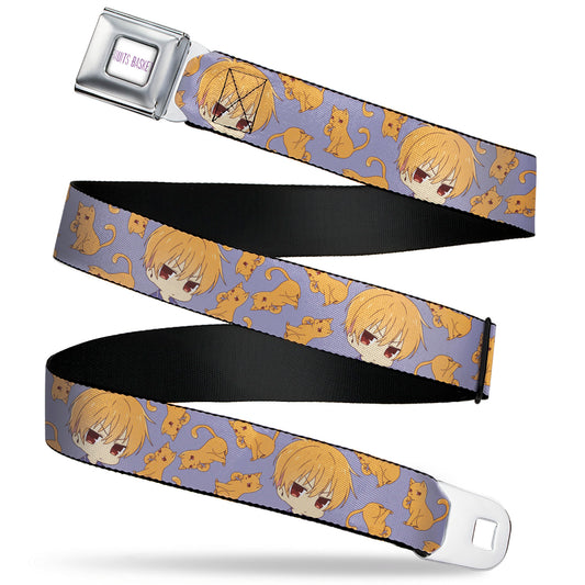 FRUITS BASKET Title Logo Full Color White/Purple Seatbelt Belt - Fruits Basket Chibi Kyo Soma and Cat Scattered Blue/Orange Webbing