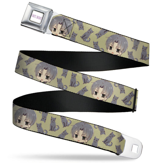 FRUITS BASKET Title Logo Full Color White/Purple Seatbelt Belt - Fruits Basket Chibi Shigure Soma and Dog Scattered Olive/Gray Webbing