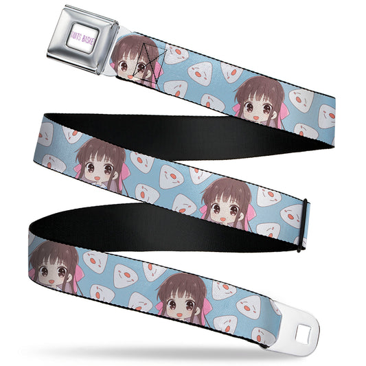 FRUITS BASKET Title Logo Full Color White/Purple Seatbelt Belt - Fruits Basket Chibi Tohru Honda and Rice Ball Scattered Light Blue Webbing