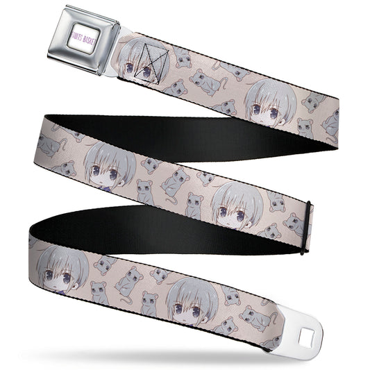 FRUITS BASKET Title Logo Full Color White/Purple Seatbelt Belt - Fruits Basket Chibi Yuki Soma and Rat Scattered Beige/Gray Webbing