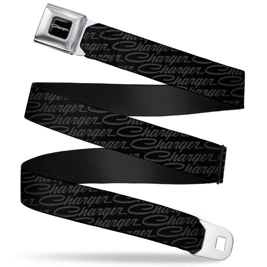 CHARGER Script Emblem Corner Full Color Black Silver Fade White Seatbelt Belt - CHARGER Script Emblem Repeat Black/Grays Webbing