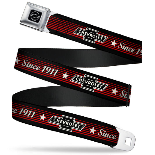 Chevy Seatbelt Belt - Vintage CHEVROLET Bowtie SINCE 1911/Stars Stripe Black/Red/Ivory (1934 logo) Webbing