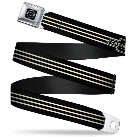 Chevy Seatbelt Belt - Vintage CHEVROLET Bowtie 3-Stripe Black/Ivory (1934 logo) Webbing