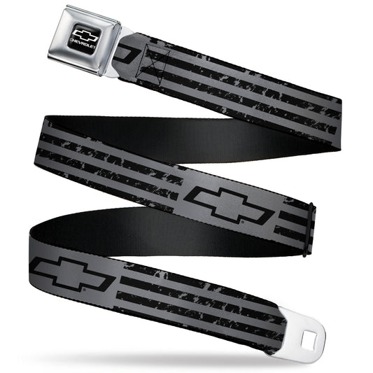 Chevy Bowtie/CHEVROLET Text Full Color Black/White Seatbelt Belt - Chevrolet Bowtie Americana Stripes Weathered Gray/Black Webbing