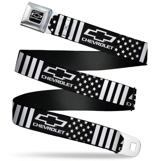 Chevy Bowtie/CHEVROLET Text Full Color Black/White Seatbelt Belt - CHEVROLET Bowtie Americana Stars and Stripes Black/White Webbing