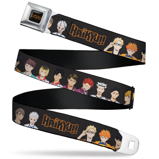 HAIKYU Title Logo Full Color Black/Orange Seatbelt Belt - HAIKYU Volleyball Team Player Groups Line Up Black Webbing