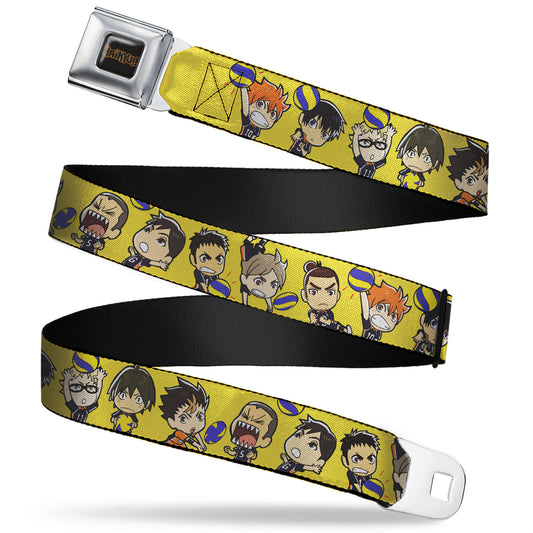 HAIKYU Title Logo Full Color Black/Orange Seatbelt Belt - Haikyu Chibi Volleyball Player Warm Up Pose Yellow Webbing
