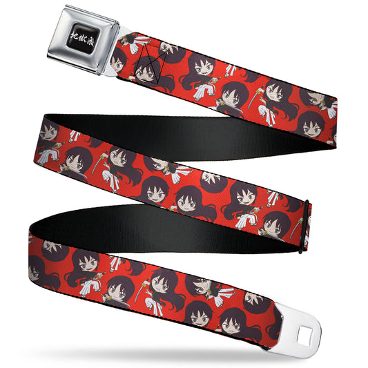 Hell's Paradise Kanji Title Logo Full Color Black/White Seatbelt Belt - Hell's Paradise Chibi Aza Toma Sword Poses Scattered Red Webbing
