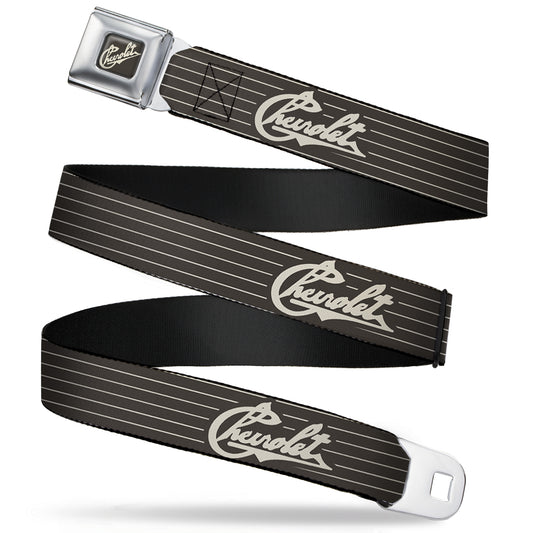 CHEVROLET Heritage Script Full Color Charcoal Tan Seatbelt Belt - CHEVROLET Heritage Script/Stripe Charcoal/Tan Webbing
