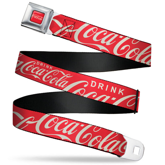 DRINK COCA-COLA Logo Full Color Red/White Seatbelt Belt - DRINK COCA-COLA Typography Logo Scattered Red/White Webbing