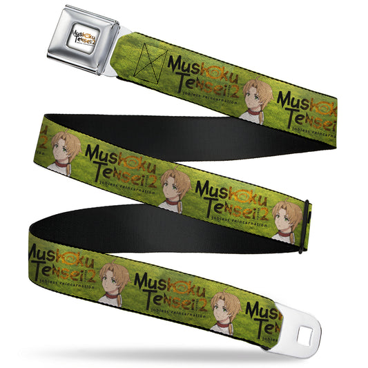 MUSHOKU TENSEI SEASON 2 JOBLESS REINACARNATION Title Logo Full Color White Seatbelt Belt - MUSHOKU TENSEI Rudeus Greyrat Pose and Title Logo Green Webbing