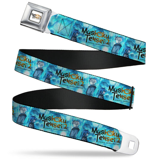 MUSHOKU TENSEI SEASON 2 JOBLESS REINACARNATION Title Logo Full Color White Seatbelt Belt - MUSHOKU TENSEI Rudeus and Roxy Pose and Title Logo Blues Webbing