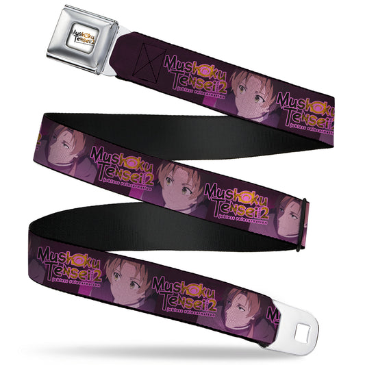 MUSHOKU TENSEI SEASON 2 JOBLESS REINACARNATION Title Logo Full Color White Seatbelt Belt - MUSHOKU TENSEI Rudeus and Paul Pose and Title Logo Pinks Webbing