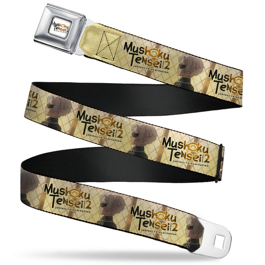 MUSHOKU TENSEI SEASON 2 JOBLESS REINACARNATION Title Logo Full Color White Seatbelt Belt - MUSHOKU TENSEI Guardian Fitz Pose and Title Logo Tan Webbing