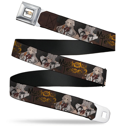 MUSHOKU TENSEI SEASON 2 JOBLESS REINACARNATION Title Logo Full Color White Seatbelt Belt - MUSHOKU TENSEI Pursena and Minitona Pose and Title Logo Brown Webbing