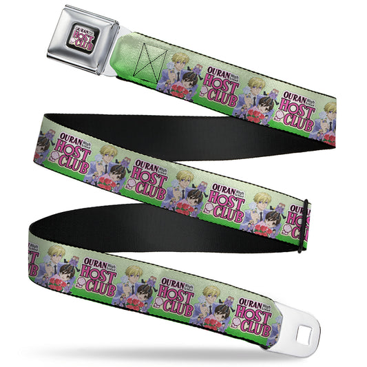 OURAN HIGH SCHOOL HOST CLUB Title Logo Full Color Black Seatbelt Belt - OURAN HIGH SCHOOL HOST CLUB Haruhi and Friends Group Pose and Title Logo Greens Webbing