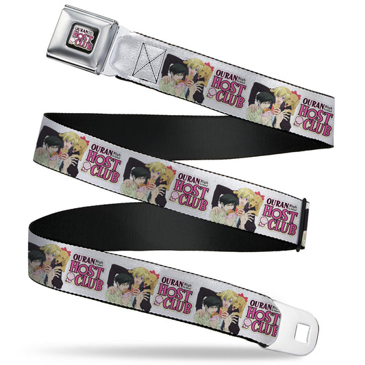 OURAN HIGH SCHOOL HOST CLUB Title Logo Full Color Black Seatbelt Belt - OURAN HIGH SCHOOL HOST CLUB Kyoya Haruhi and Antoinette Pose and Title Logo White Webbing