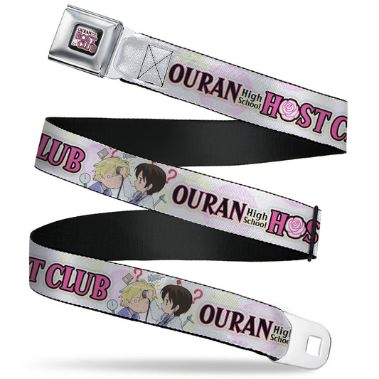 OURAN HIGH SCHOOL HOST CLUB Title Logo Full Color Black Seatbelt Belt - OURAN HIGH SCHOOL Chibi Tamaki and Haruhi Pose and Title Logo White Webbing