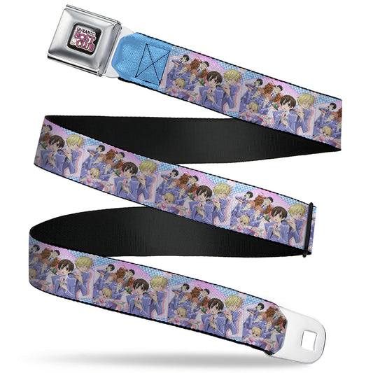 OURAN HIGH SCHOOL HOST CLUB Title Logo Full Color Black Seatbelt Belt - Ouran High School Host Club Seven Character Sushi Dining Pose Pink/Blue Webbing
