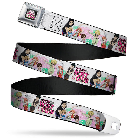 OURAN HIGH SCHOOL HOST CLUB Title Logo Full Color Black Seatbelt Belt - OURAN HIGH SCHOOL Seven Character Group Pose and Title Logo White Webbing
