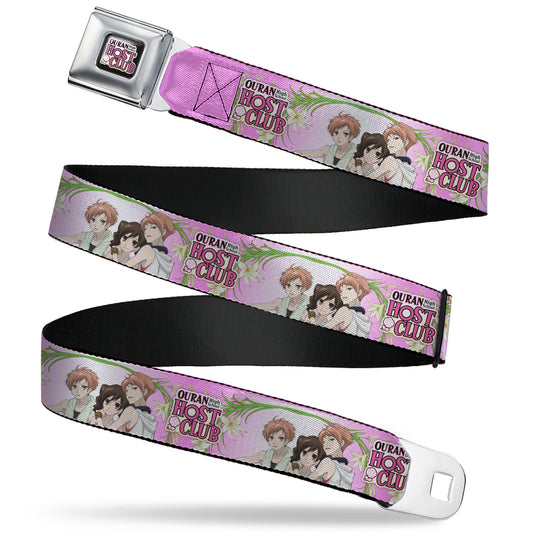 OURAN HIGH SCHOOL HOST CLUB Title Logo Full Color Black Seatbelt Belt - OURAN HIGH SCHOOL HOST CLUB Haruhi and Hitachiin Twins Lilies Pose and Title Logo Pinks Webbing