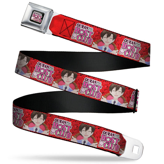 OURAN HIGH SCHOOL HOST CLUB Title Logo Full Color Black Seatbelt Belt - OURAN HIGH SCHOOL HOST CLUB Haruhi Smiling Pose with Roses and Title Logo Reds Webbing