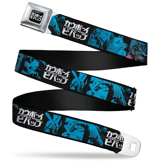 COWBOY BEBOP Title Logo Full Color Black/White Seatbelt Belt - COWBOY BEBOP Title Logo and Character Blocks Black/Blues Webbing