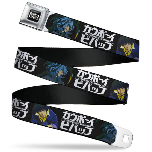 COWBOY BEBOP Title Logo Full Color Black/White Seatbelt Belt - COWBOY BEBOP Spike and Vicious Pose and Title Logo Black/Blues Webbing