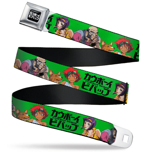 COWBOY BEBOP Title Logo Full Color Black/White Seatbelt Belt - COWBOY BEBOP Crew Group Pose and Title Logo Green/Black Webbing