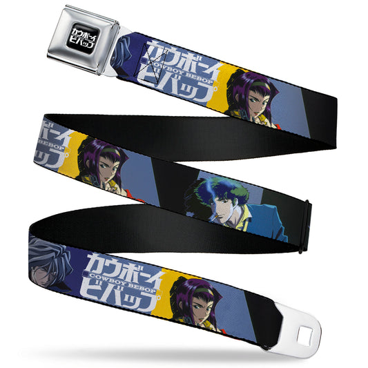 COWBOY BEBOP Title Logo Full Color Black/White Seatbelt Belt - COWBOY BEBOP Spike Vicious and Faye Pose and Title Logo Blues/Yellow Webbing