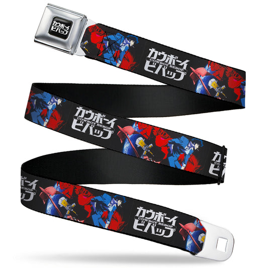 COWBOY BEBOP Title Logo Full Color Black/White Seatbelt Belt - COWBOY BEBOP Spike Pose and Crew Collage and Title Logo Black Webbing