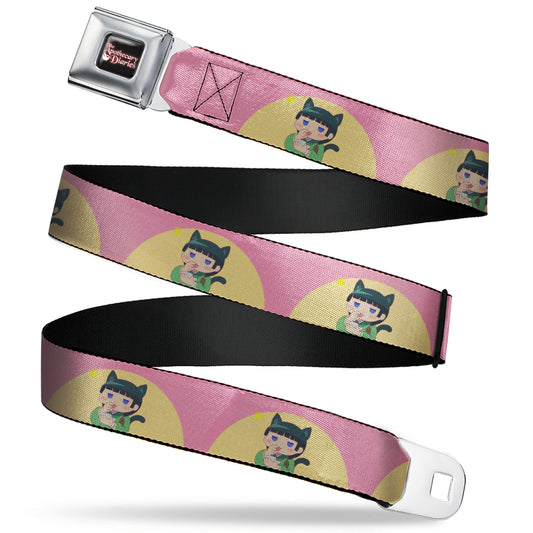 THE APOTHECARY DIARIES Title Logo Full Color Black/Red/White Seatbelt Belt - The Apothecary Diaries Chibi Maomao Cat Pose Pink/Yellow Webbing