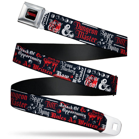 DUNGEONS & DRAGONS Title Logo Full Color Black/Red Seatbelt Belt - Dungeons and Dragons DRAGON MASTER Collage Black/Red/White Webbing