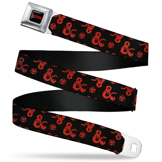 DUNGEONS & DRAGONS Title Logo Full Color Black/Red Seatbelt Belt - Dungeons & Dragons Ampersand Icon and Dice Collage Black/Red Webbing