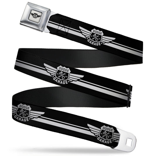 DODGE GARAGE Emblem Full Color Light Gray Black Seatbelt Belt - DODGE GARAGE Emblem Stripe Black/White Webbing