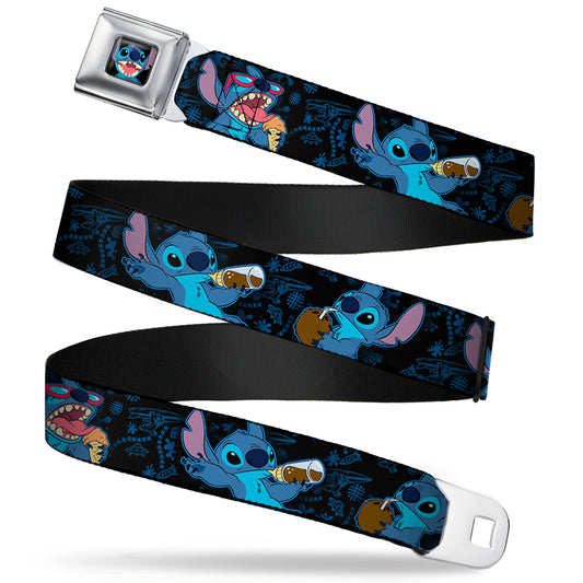 Stitch Smiling CLOSE-UP Full Color Seatbelt Belt - Stitch Snacking Poses Black/Blue Webbing