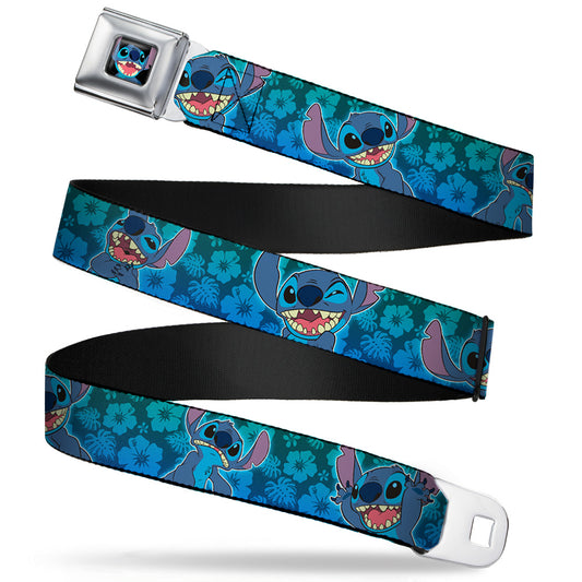 Stitch Smiling CLOSE-UP Full Color Seatbelt Belt - Stitch Expressions/Hibiscus Collage Green-Blue Fade Webbing