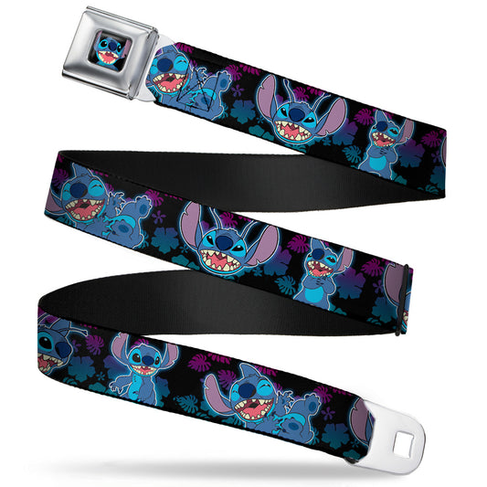 Stitch Smiling CLOSE-UP Full Color Seatbelt Belt - Stitch 2-Expressions/2-Poses Tropical Flora Black/Purple-Blue Fade Webbing