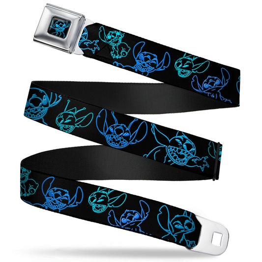 Stitch Pose Full Color Black/Neon Blue Seatbelt Belt - Electric Stitch Poses Black/Neon Blue Webbing