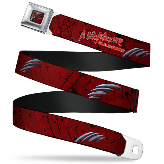 Freddy Krueger Blade Hand Full Color Black Blood Splatter Seatbelt Belt - A NIGHTMARE ON ELM STREET/Freddy's Hand Scratching Reds/Black/Gray Webbing