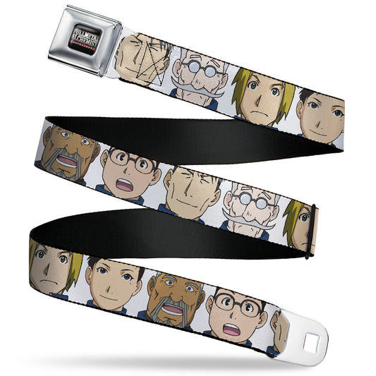 FULLMETAL ALCHEMIST BROTHERHOOD Title Logo Full Color Black Seatbelt Belt - Fullmetal Alchemist Brotherhood Central Forces Military Personnel Faces White Webbing