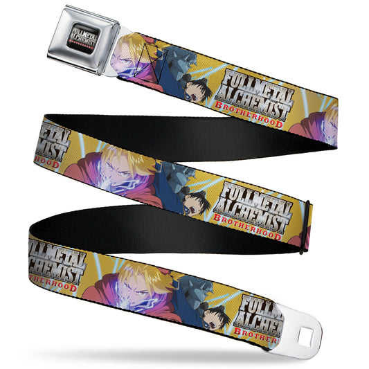 FULLMETAL ALCHEMIST BROTHERHOOD Title Logo Full Color Black Seatbelt Belt - Fullmetal Alchemist Brotherhood Elric Brothers and Roy Mustang Pose Yellows Webbing