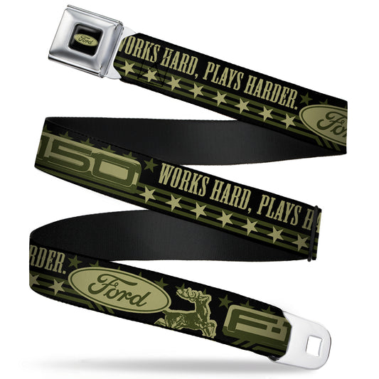 FORD Oval Full Color Black Tan Olive Seatbelt Belt - FORD F-150 WORKS HARD, PLAYS HARDER./Stars Black/Tan/Olive Webbing