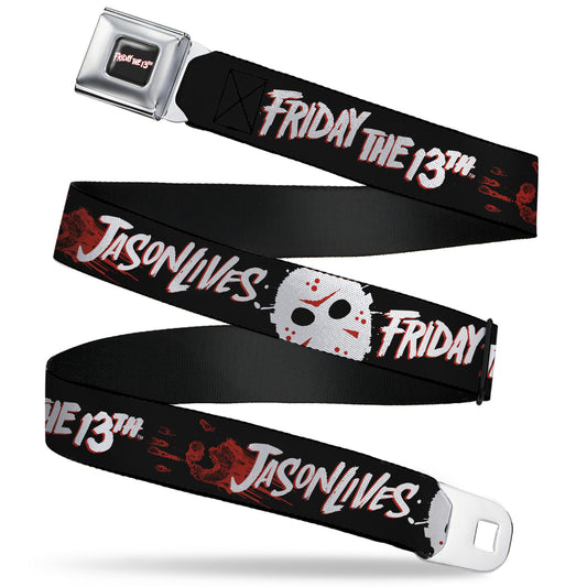 FRIDAY THE 13TH Title Logo Full Color Black/Red/White Seatbelt Belt - FRIDAY THE 13TH JASON LIVES with Hand Print and Mask Black/Red/White Webbing