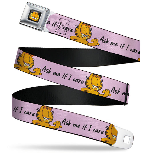 Garfield Smiling Face Full Color Black Seatbelt Belt - Garfield ASK ME IF I CARE Pose Pink Webbing