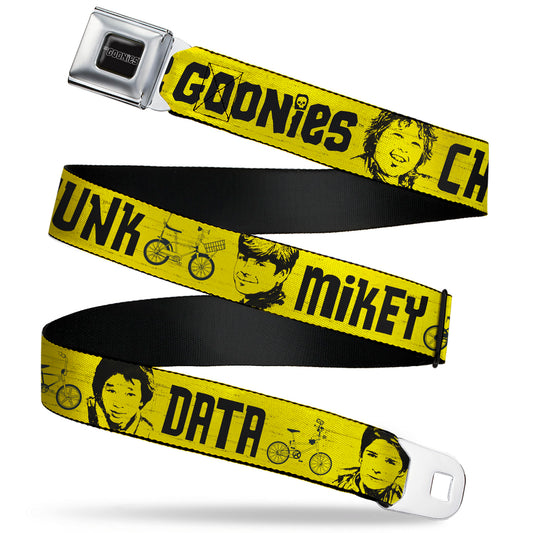 THE GOONIES Title Logo Full Color Black/White Seatbelt Belt - THE GOONIES CHUNK MIKEY DATA MOUTH Icons and Title Logo Yellow/Black Webbing