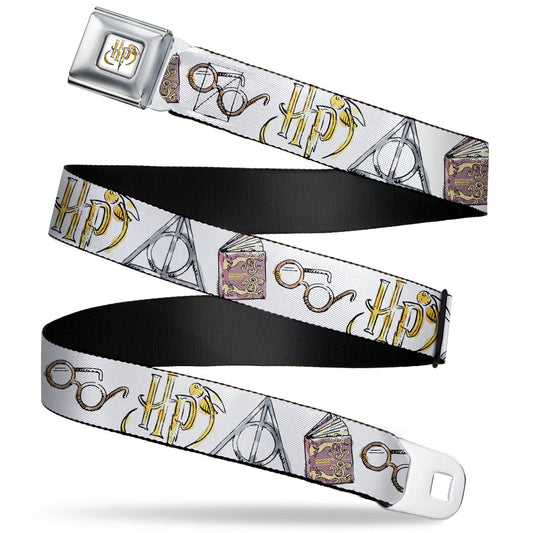 Harry Potter HP Logo Watercolor Full Color White/Yellows Seatbelt Belt - Harry Potter 4-Icons Watercolor White/Multi Color Webbing