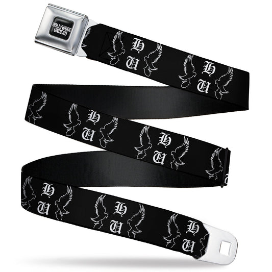 HOLLYWOOD UNDEAD Text Logo Full Color Black/White Seatbelt Belt - Hollywood Undead HU Shatter Dove & Grenade Black/White Webbing