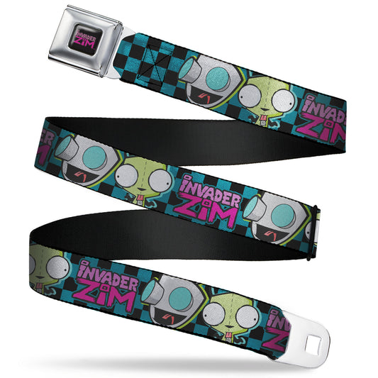 INVADER ZIM Title Logo Full Color Pink/Green Seatbelt Belt - INVADER ZIM GIR Poses and Title Logo Checker Blue/Black Webbing