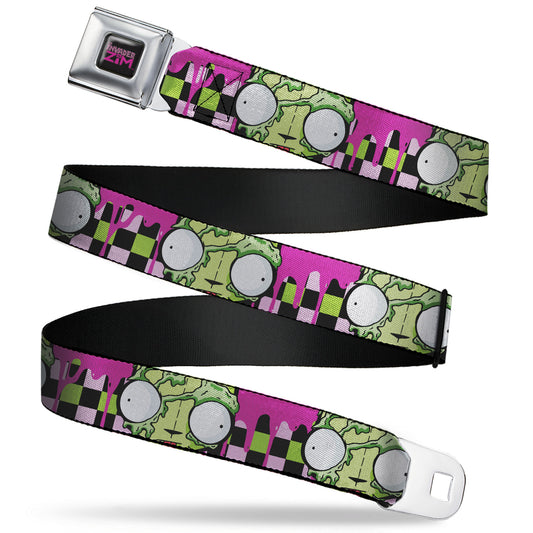 INVADER ZIM Title Logo Full Color Pink/Green Seatbelt Belt - Invader Zim Disguised GIR Slimed Checker Pink/Green/Black Webbing